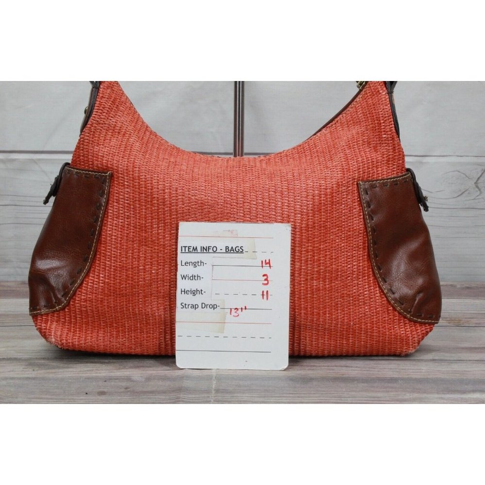 Fossil Brown Leather Strap Orange Woven Straw Lined Purse Shoulder Hobo Bag - Picture 9 of 9